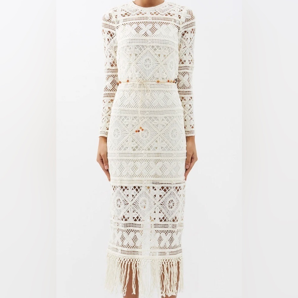 ZIMMERMANN Cira Ivory Ribbon Lace Tassel Midi Belted Dress sz 1 NWT 950$ - Picture 5 of 15